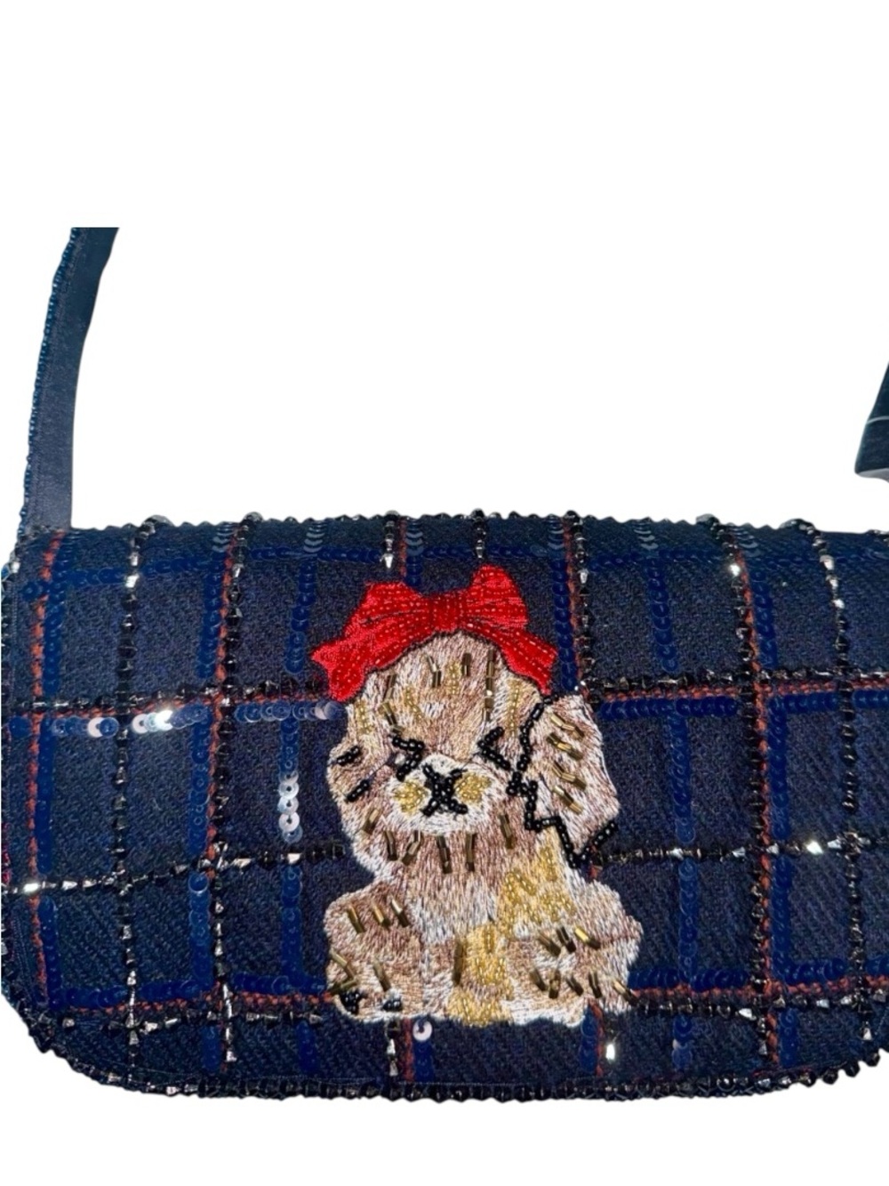 NWT Beaded Sequin Dog Plaid Shoulder Bag Purse Red Bow Embroidered Bag